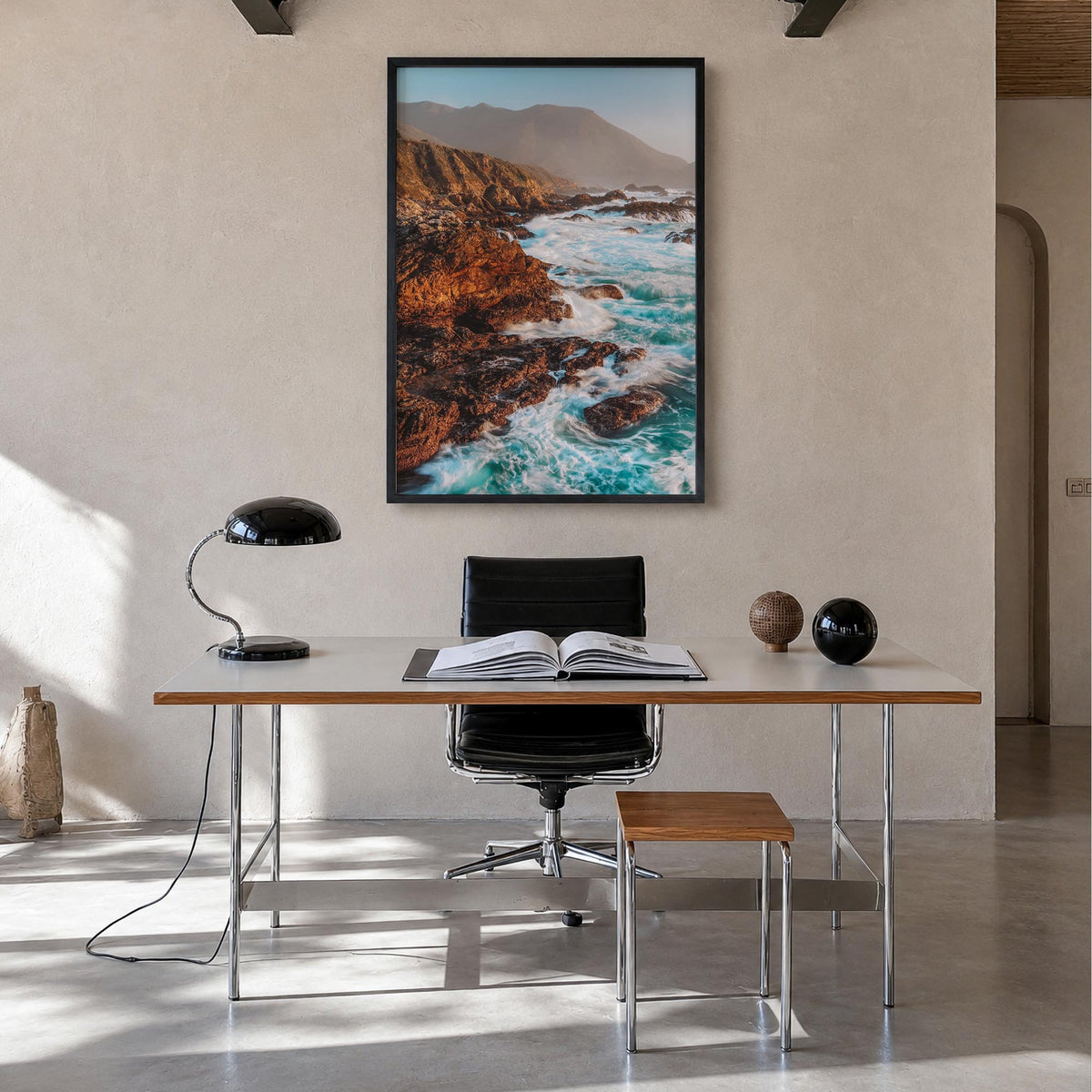 Big Sur no. 3 colorful photo poster of California, USA – vertical wall art in black wood frame, hanging on wall