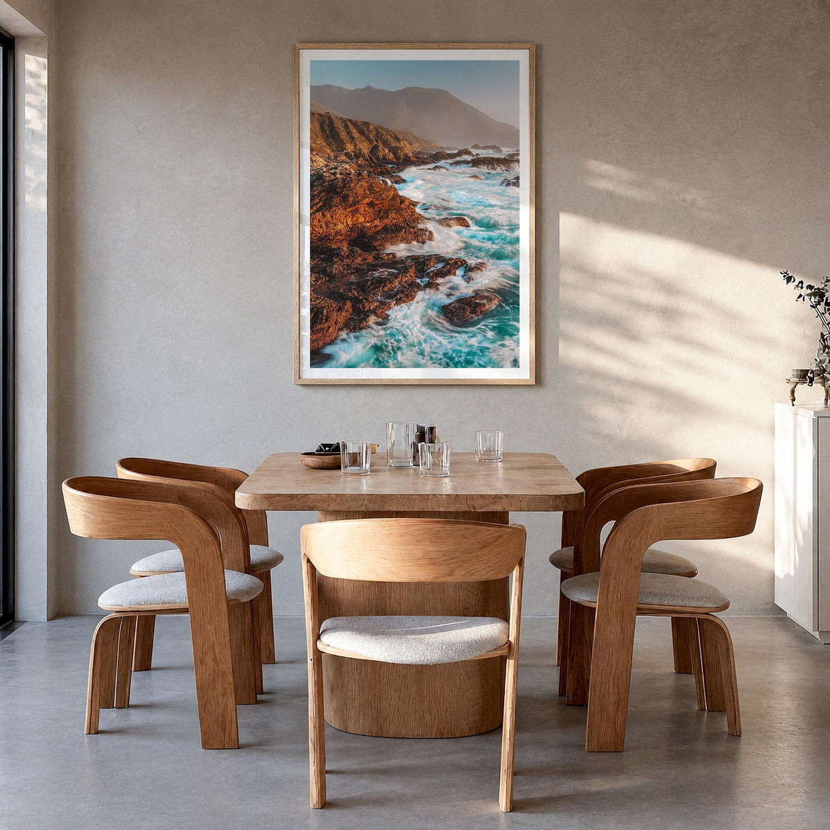 Big Sur no. 3 colorful photo poster of California, USA – vertical wall art in natural wood frame with white border, hanging o