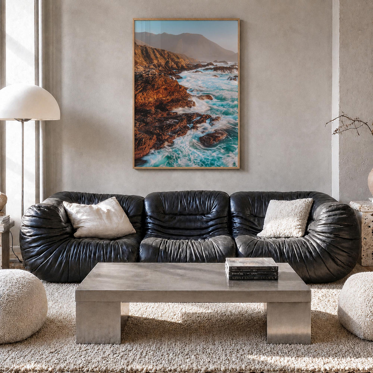 Big Sur no. 3 colorful photo poster of California, USA – vertical wall art in natural wood frame, hanging on wall