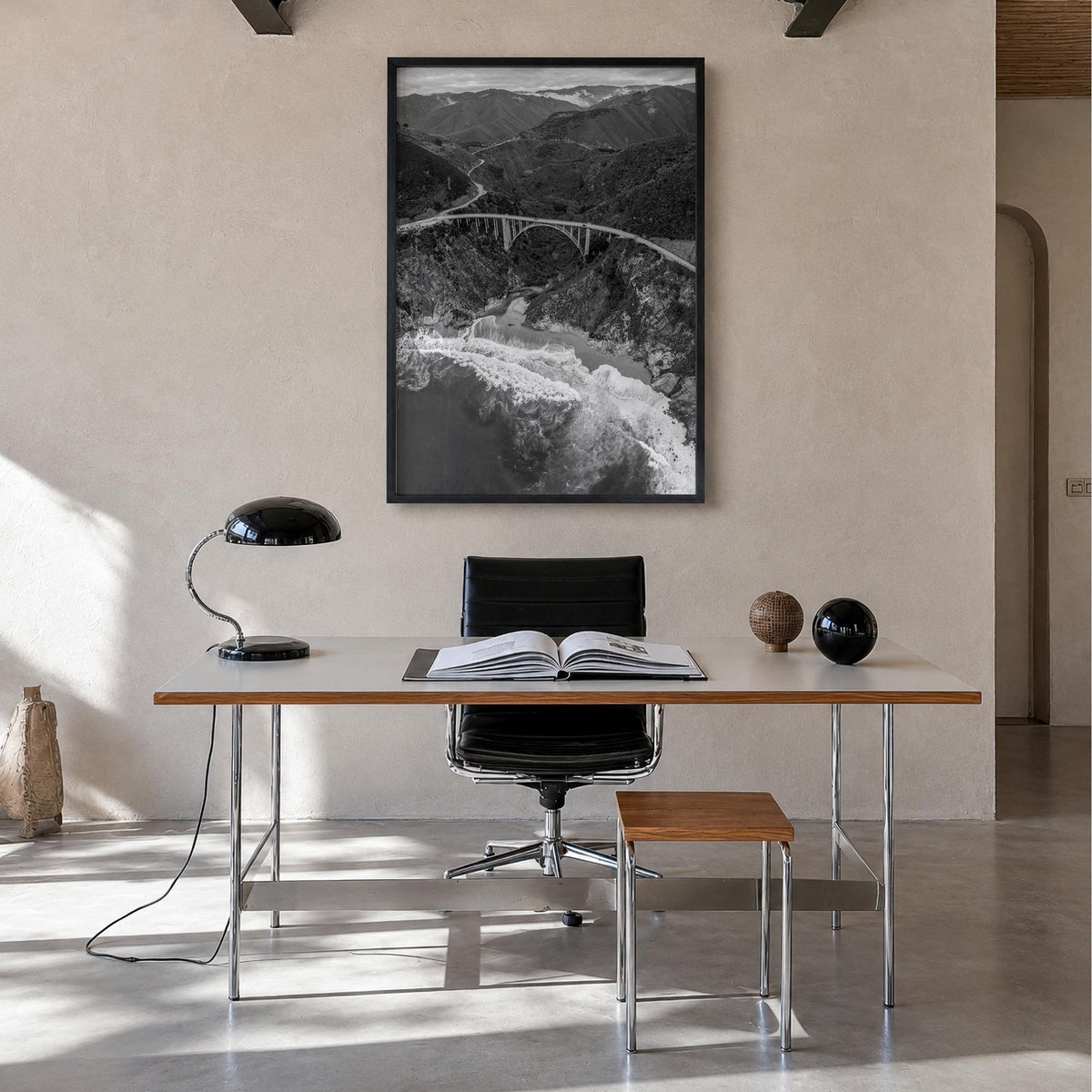 Big Sur no. 4 black & white photo poster of California, USA – vertical wall art in black wood frame, hanging on wall