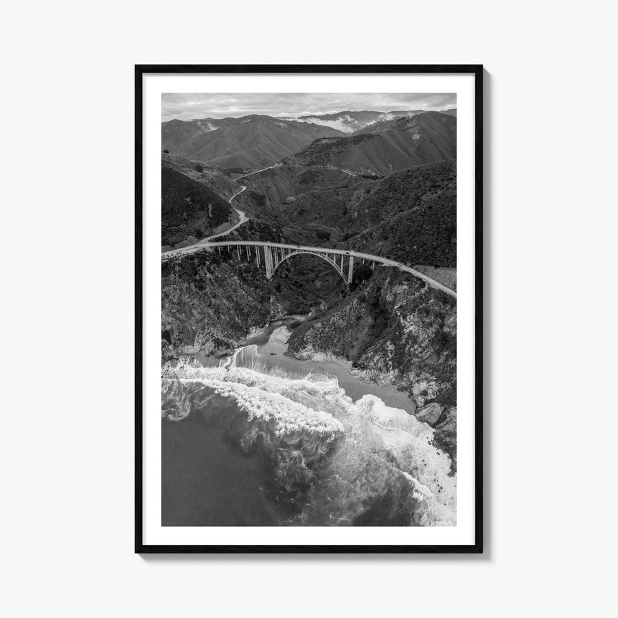 Big Sur no. 4 black & white photo poster of California, USA – vertical wall art, unframed print shown in interior mockup