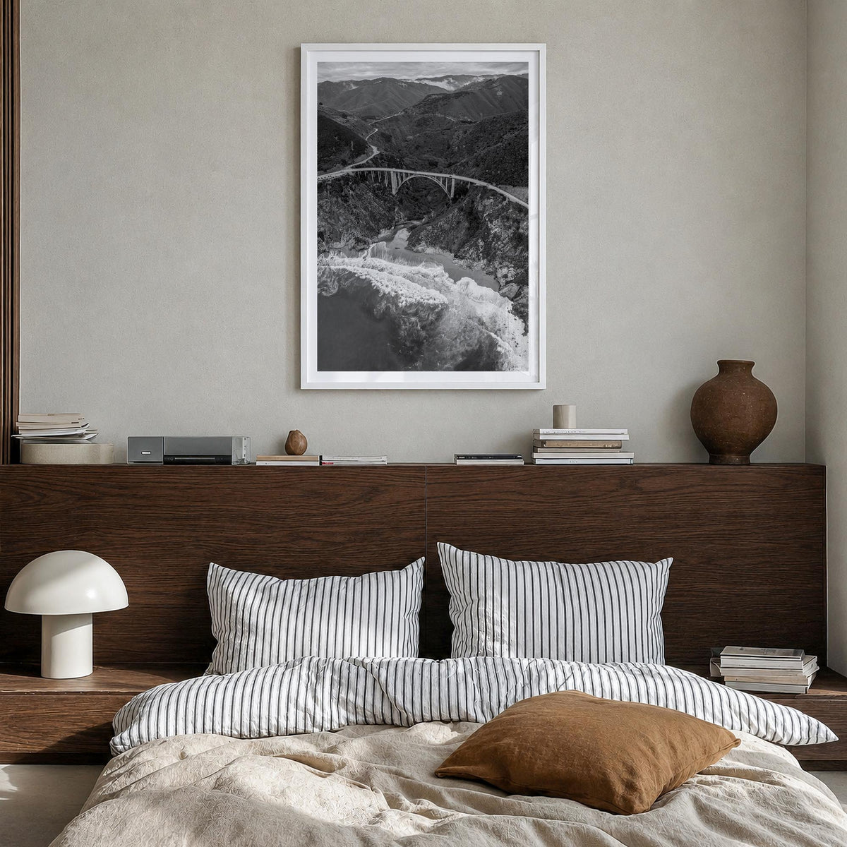 Big Sur no. 4 black & white photo poster of California, USA – vertical wall art in white wood frame with white border, hangin