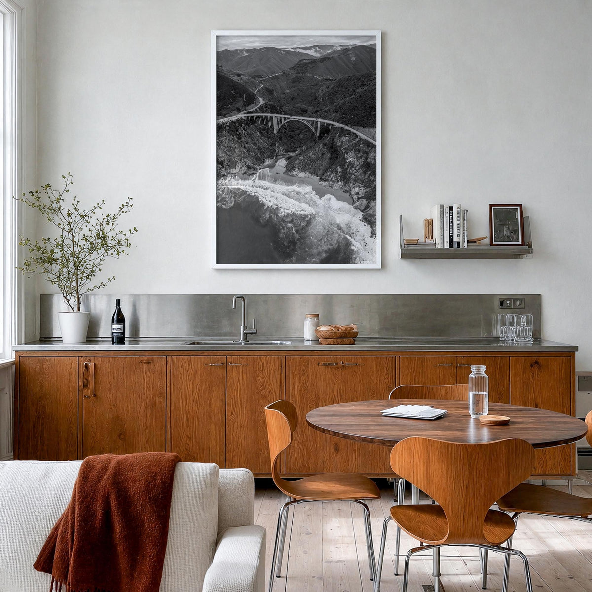 Big Sur no. 4 black & white photo poster of California, USA – vertical wall art in white wood frame, hanging on wall