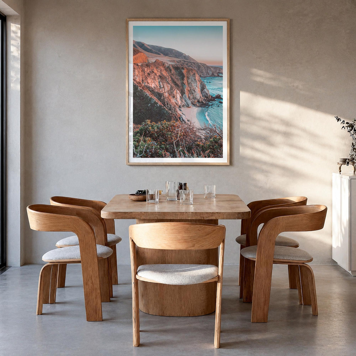 Big Sur no. 4 colorful photo poster of California, USA – vertical wall art in natural wood frame with white border, hanging o