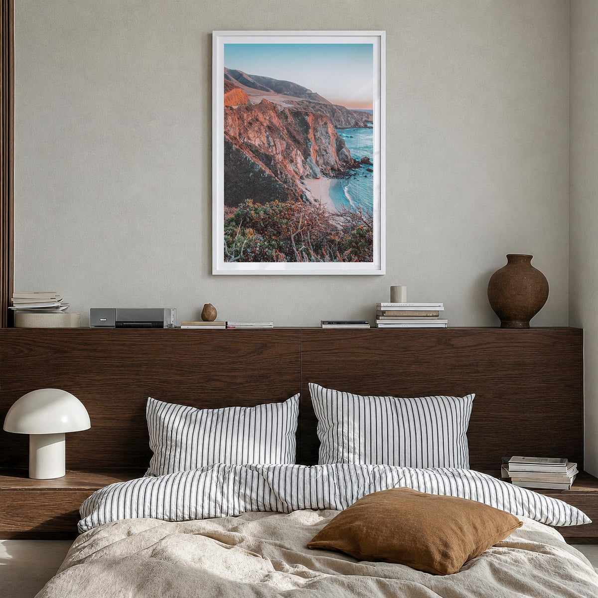 Big Sur no. 4 colorful photo poster of California, USA – vertical wall art in white wood frame with white border, hanging on 