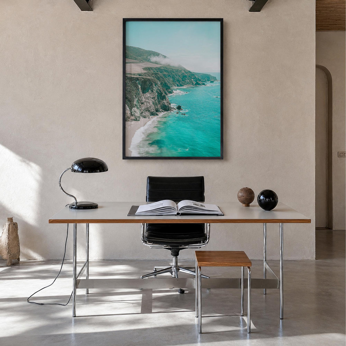Big Sur no. 5 colorful photo poster of California, USA – vertical wall art in black wood frame, hanging on wall