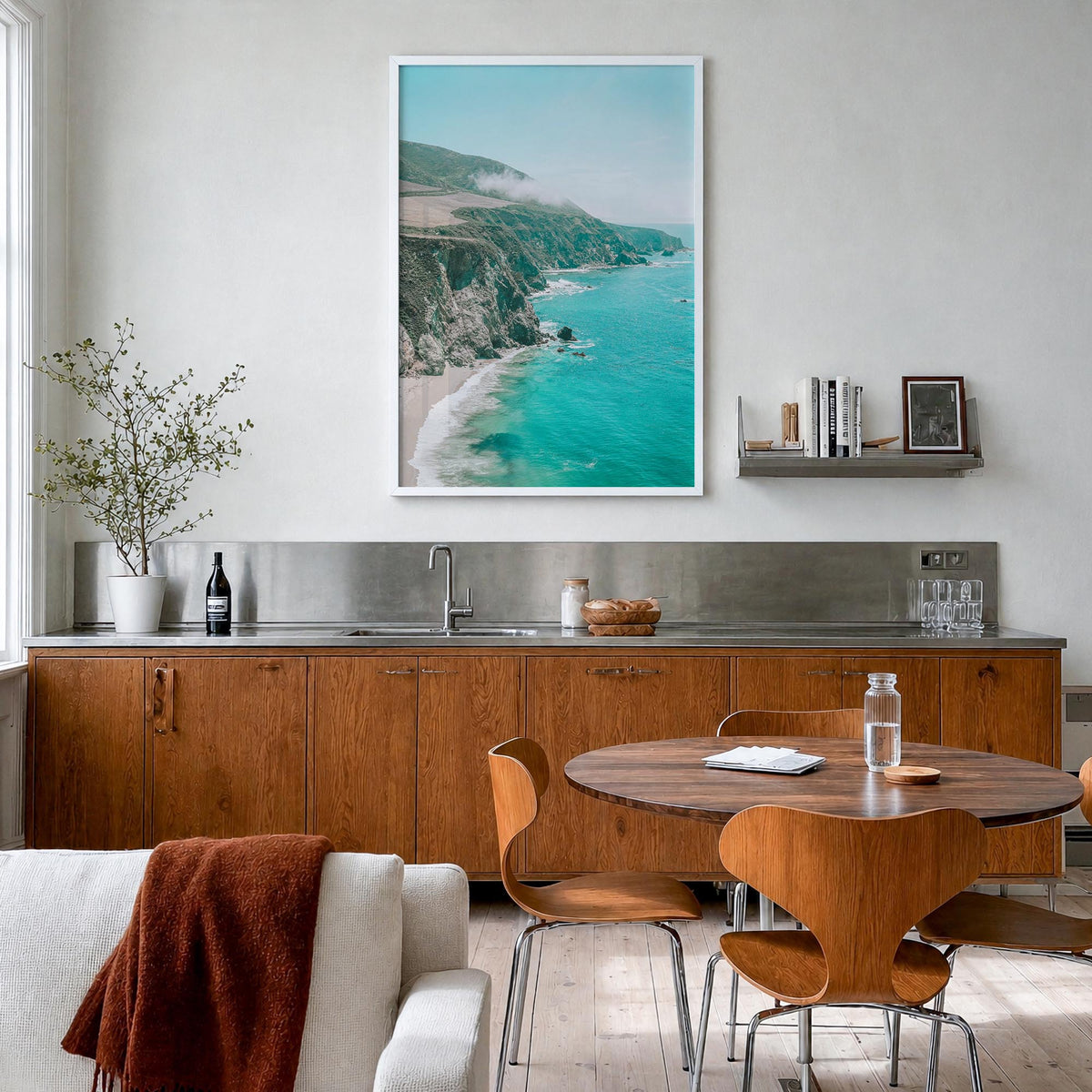 Big Sur no. 5 colorful photo poster of California, USA – vertical wall art in white wood frame, hanging on wall