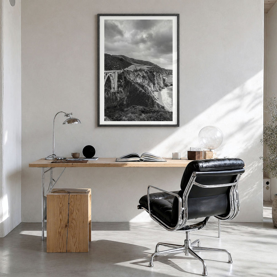 Big Sur Photo No 3 Poster in a black wood frame, hanging in a bright home office, white border