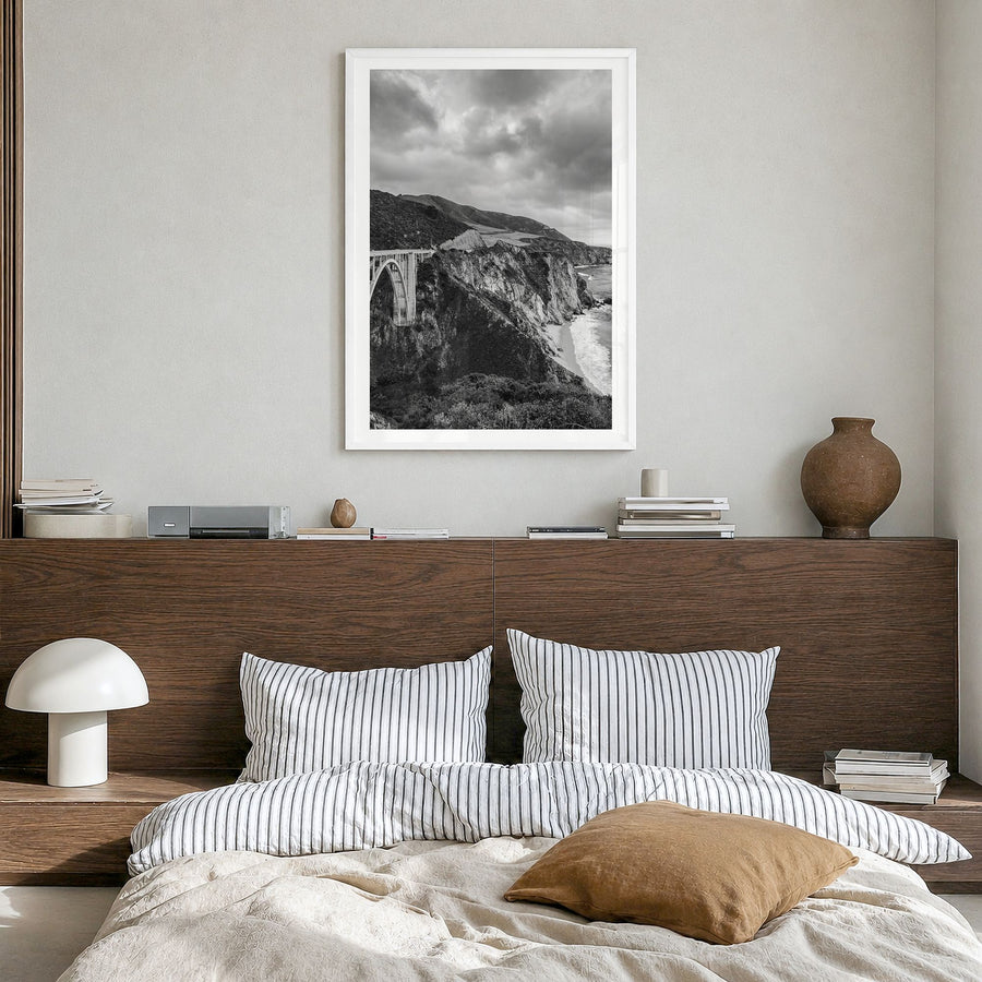 Big Sur Photo No 3 Poster in a white wood frame, hanging in a bedroom, white border