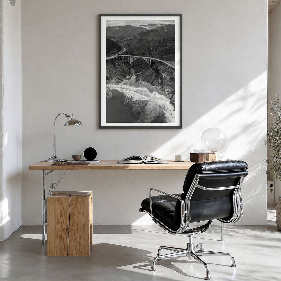 Big Sur Photo No 4 Poster in a black wood frame, hanging in a bright home office, white border