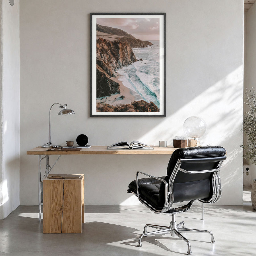 Big Sur Photo No 2 Poster in a black wood frame, hanging in a bright home office, white border