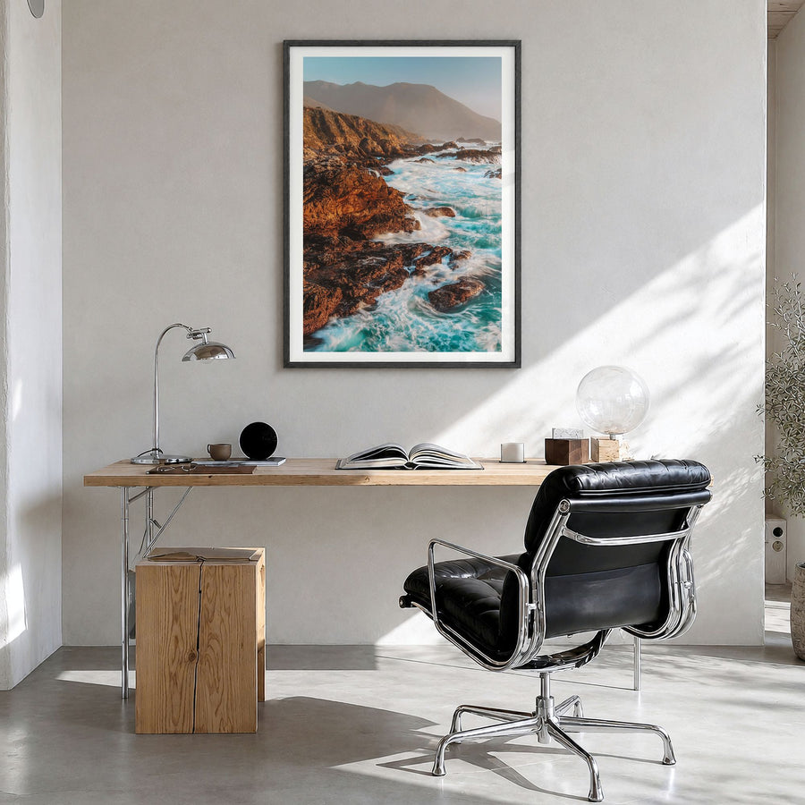 Big Sur Photo No 3 Poster in a black wood frame, hanging in a bright home office, white border