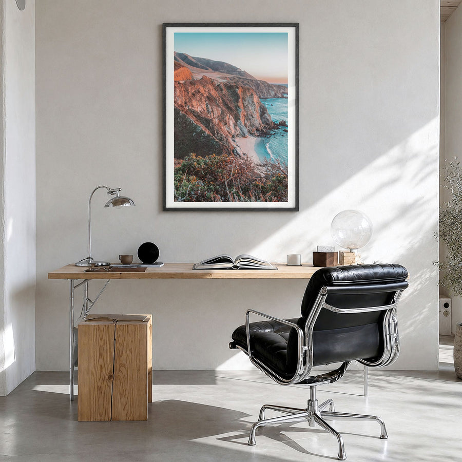 Big Sur Photo No 4 Poster in a black wood frame, hanging in a bright home office, white border