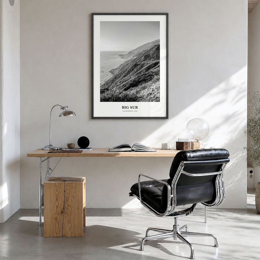 Big Sur Classic No 1 Poster in a black wood frame, hanging in a bright home office