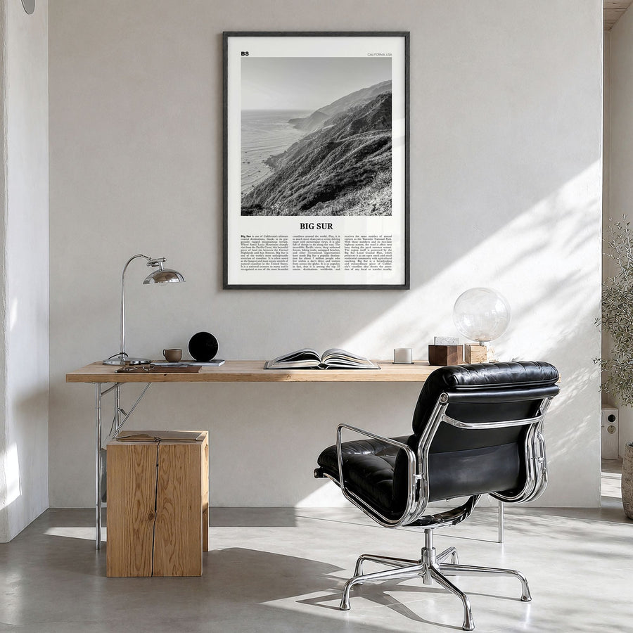 Big Sur Newspaper No 2 Poster in a black wood frame, hanging in a bright home office