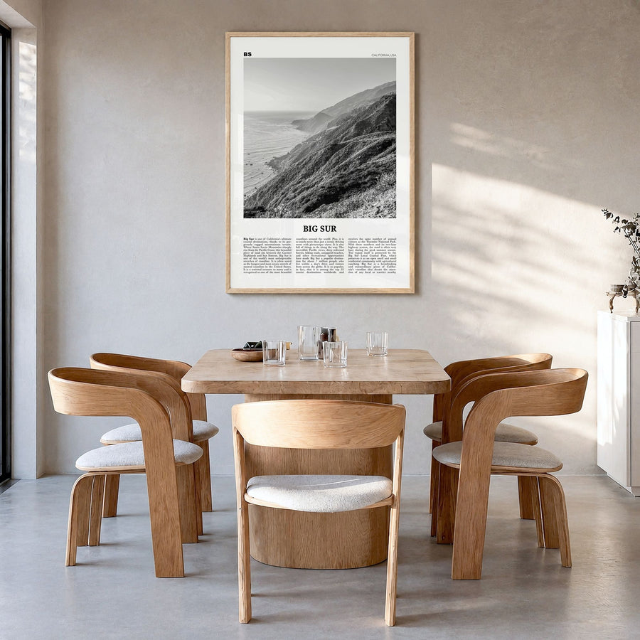 Big Sur Newspaper No 2 Poster in a natural wood frame, hanging in a dining room