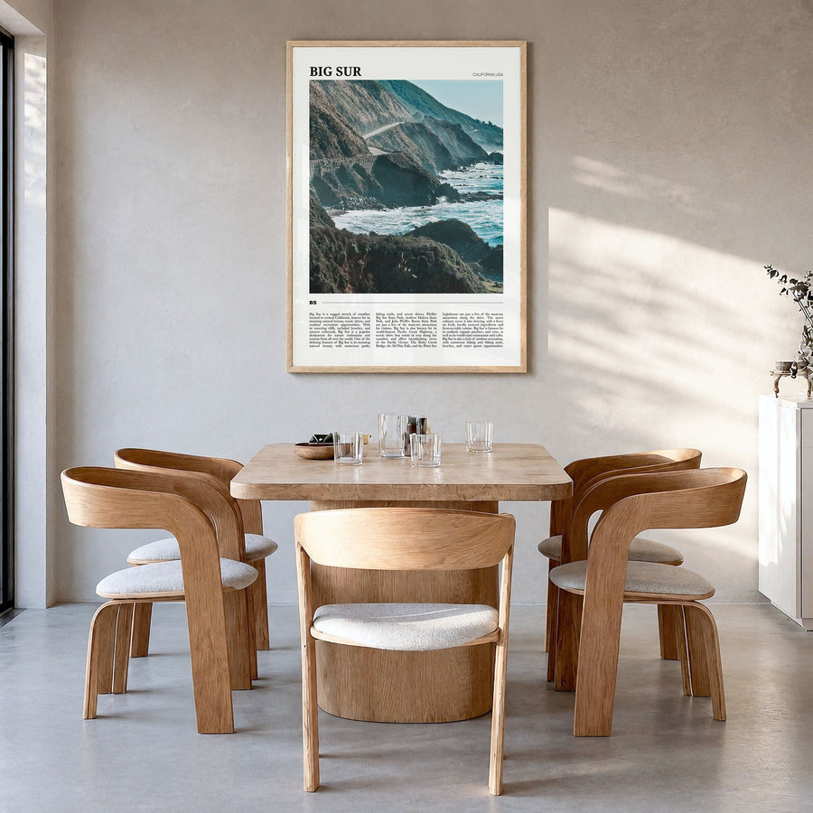Big Sur Travel No 2 Poster in a natural wood frame, hanging in a dining room
