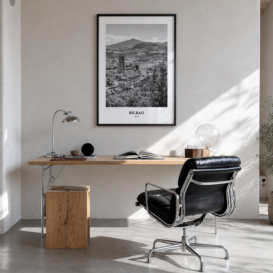 Bilbao black & white classic poster of Spain – vertical wall art in black wood frame, hanging on wall