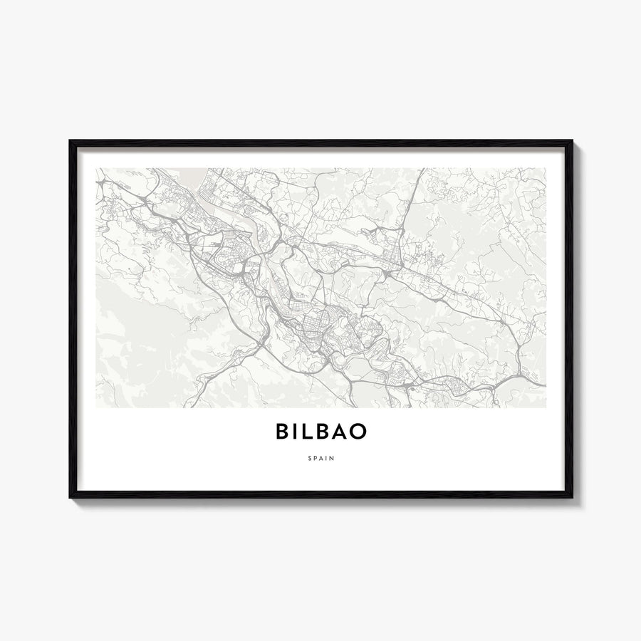 Bilbao black & white map poster of Spain – horizontal wall art, unframed print shown in interior mockup