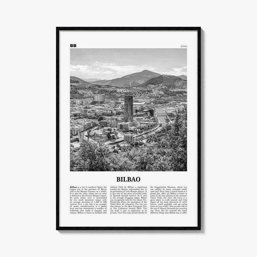Bilbao black & white newspaper poster of Spain – vertical wall art, unframed print shown in interior mockup