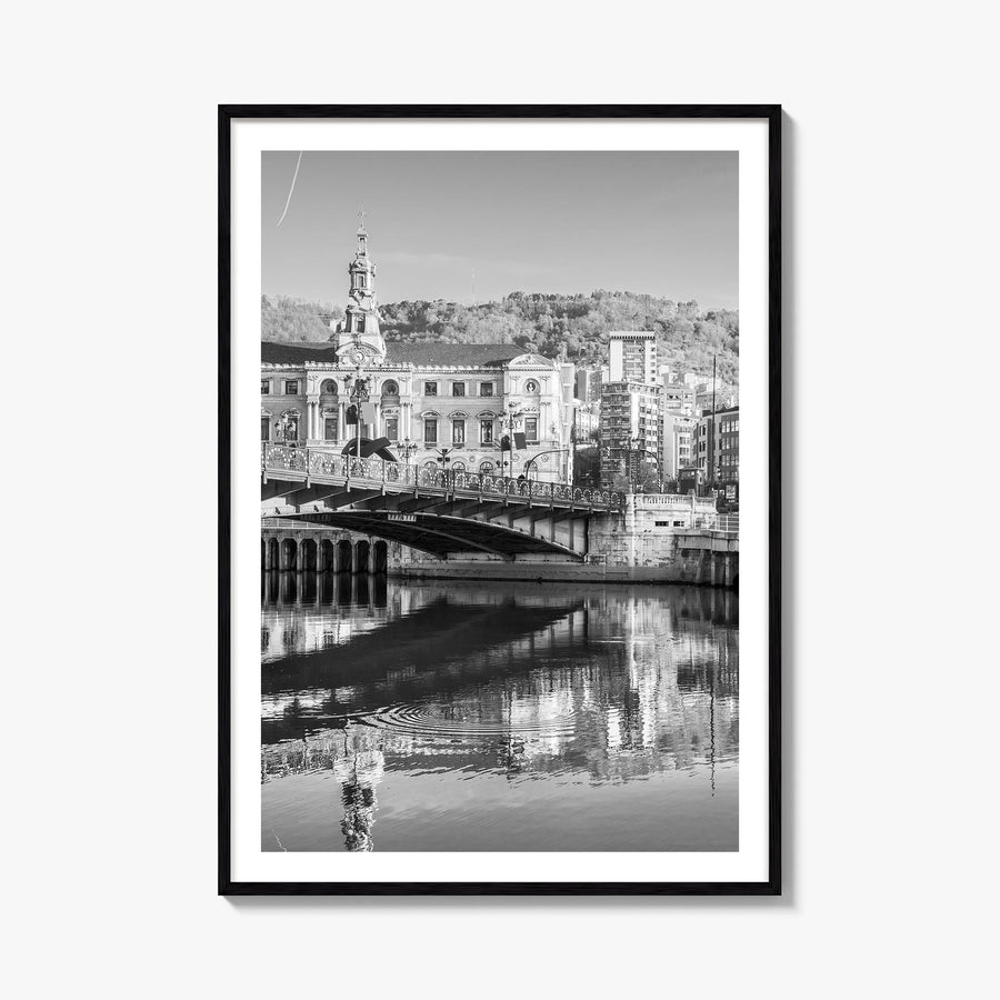 Bilbao black & white photo poster of Spain – vertical wall art, unframed print shown in interior mockup