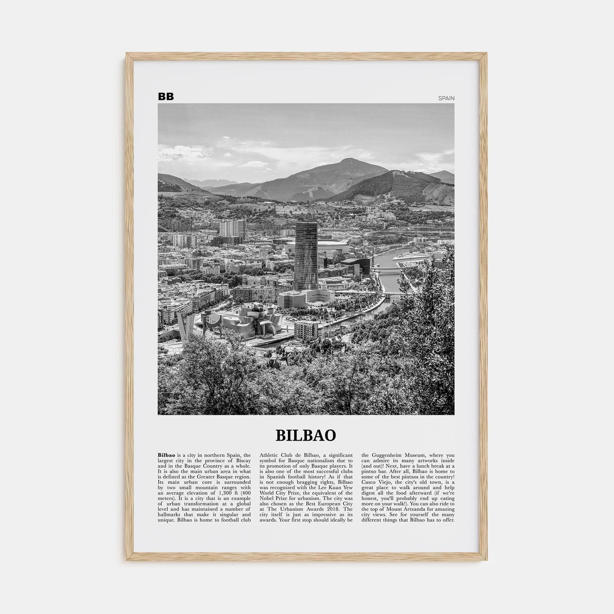 Bilbao Poster Natural Wood / 8x12 in Nbourhood Travel B&W Poster