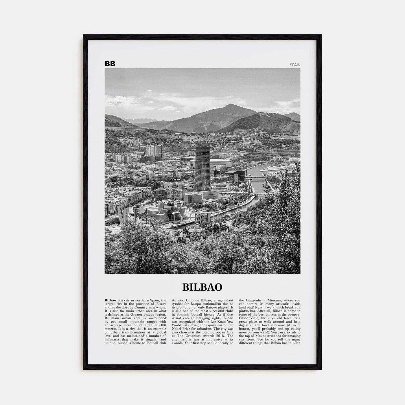 Bilbao Poster Black Wood / 8x12 in Nbourhood Travel B&W Poster