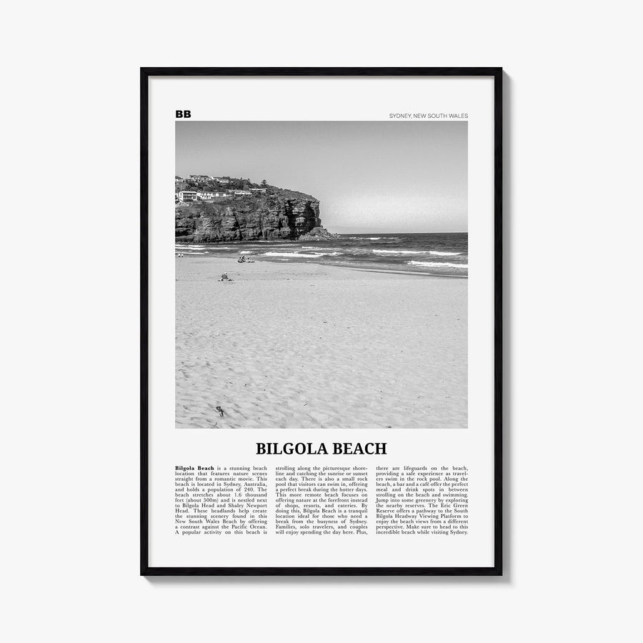 Bilgola Beach black & white newspaper poster of Australia – vertical wall art, unframed print shown in interior mockup