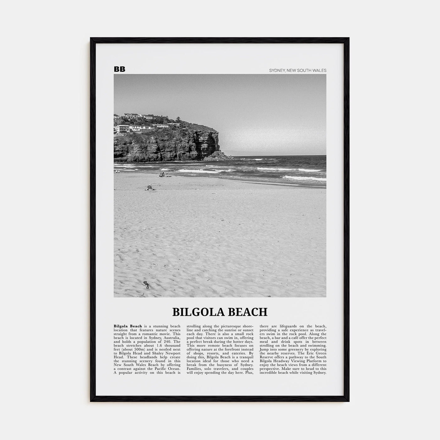 Bilgola Beach Poster Black Wood / 8x12 in Nbourhood Travel B&W Poster