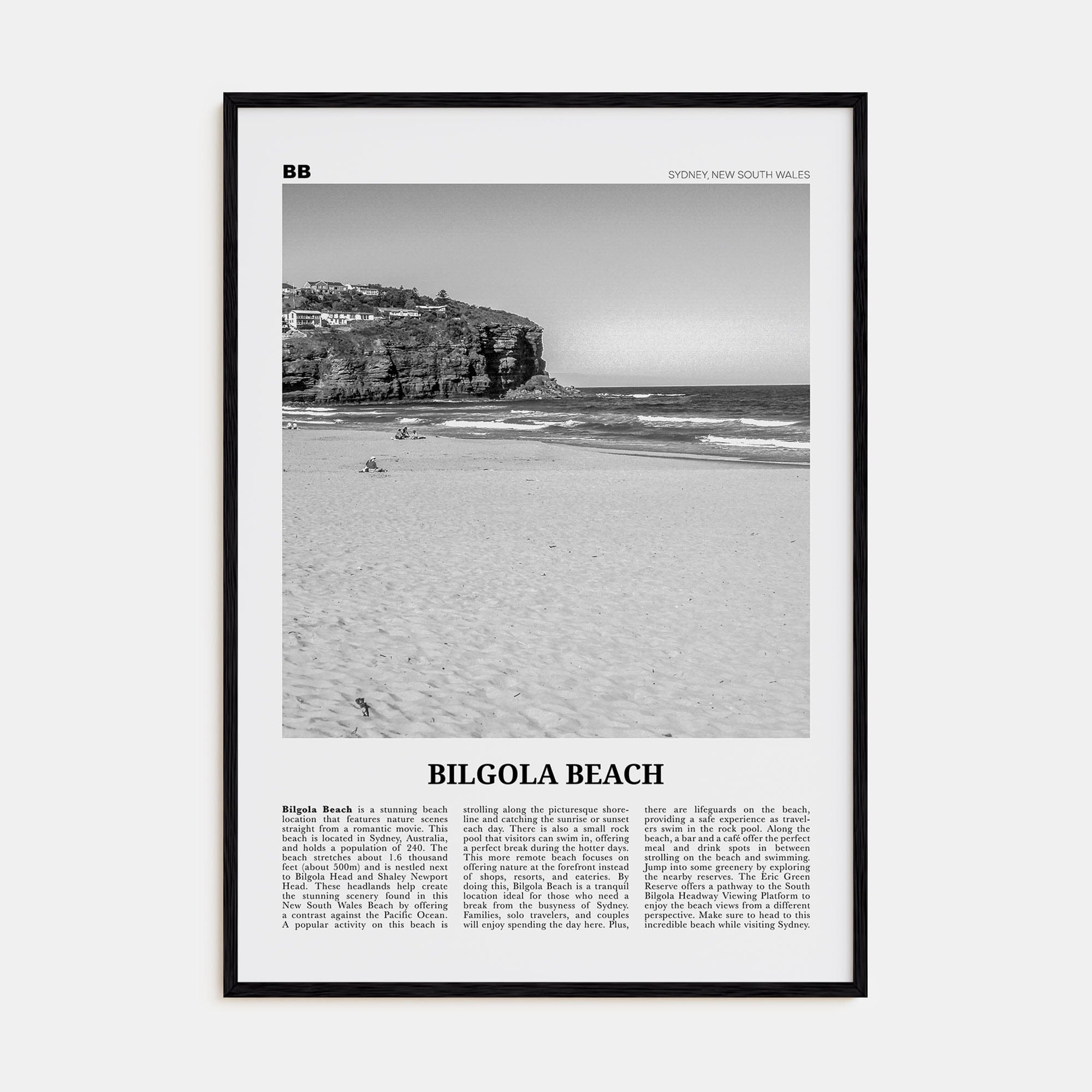 Bilgola Beach Poster Black Wood / 8x12 in Nbourhood Travel B&W Poster