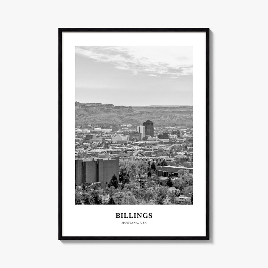 Billings black & white classic poster of Montana, USA – vertical wall art, unframed print shown in interior mockup