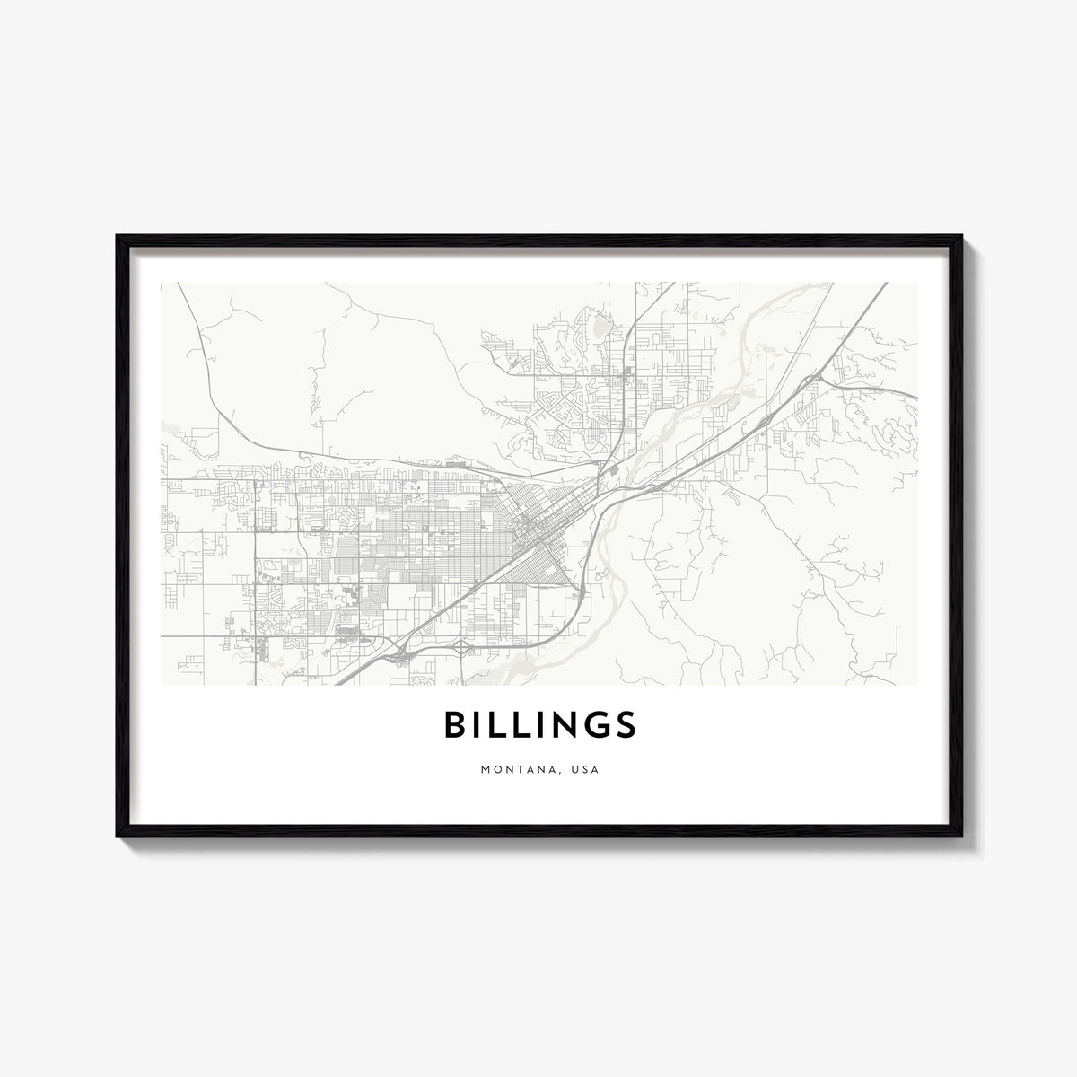 Billings black & white map poster of Montana, USA – horizontal wall art, unframed print shown in interior mockup