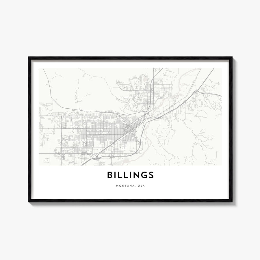 Billings black & white map poster of Montana, USA – horizontal wall art, unframed print shown in interior mockup