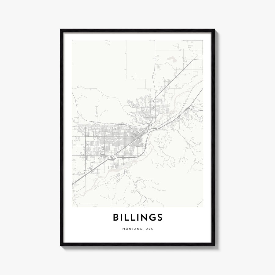 Billings black & white map poster of Montana, USA – vertical wall art, unframed print shown in interior mockup