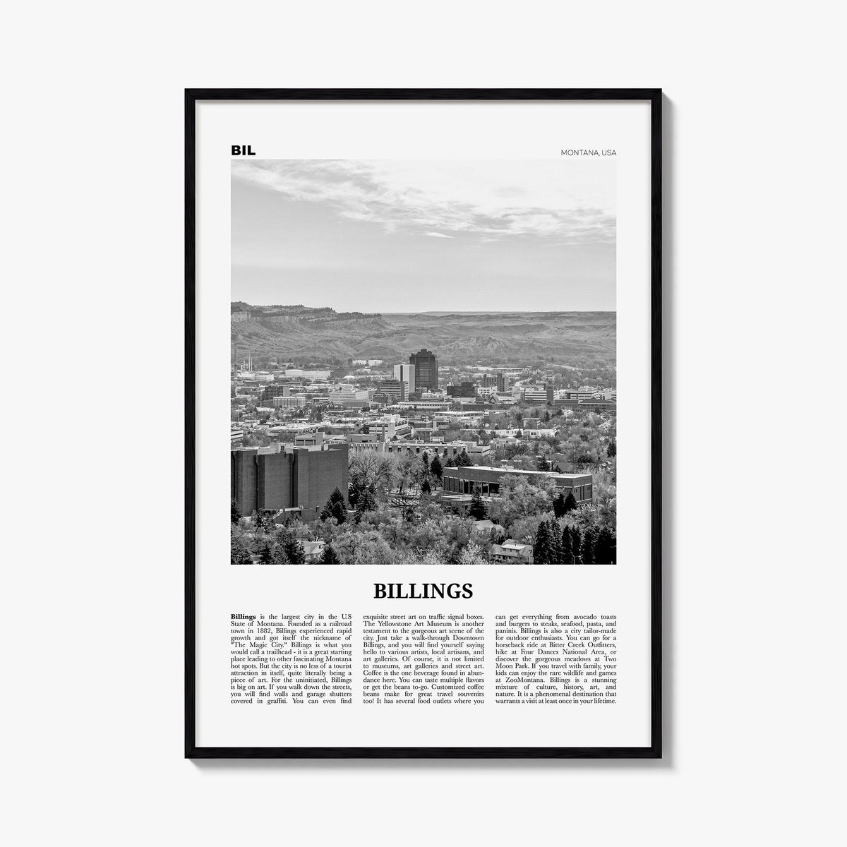 Billings black & white newspaper poster of Montana, USA – vertical wall art, unframed print shown in interior mockup
