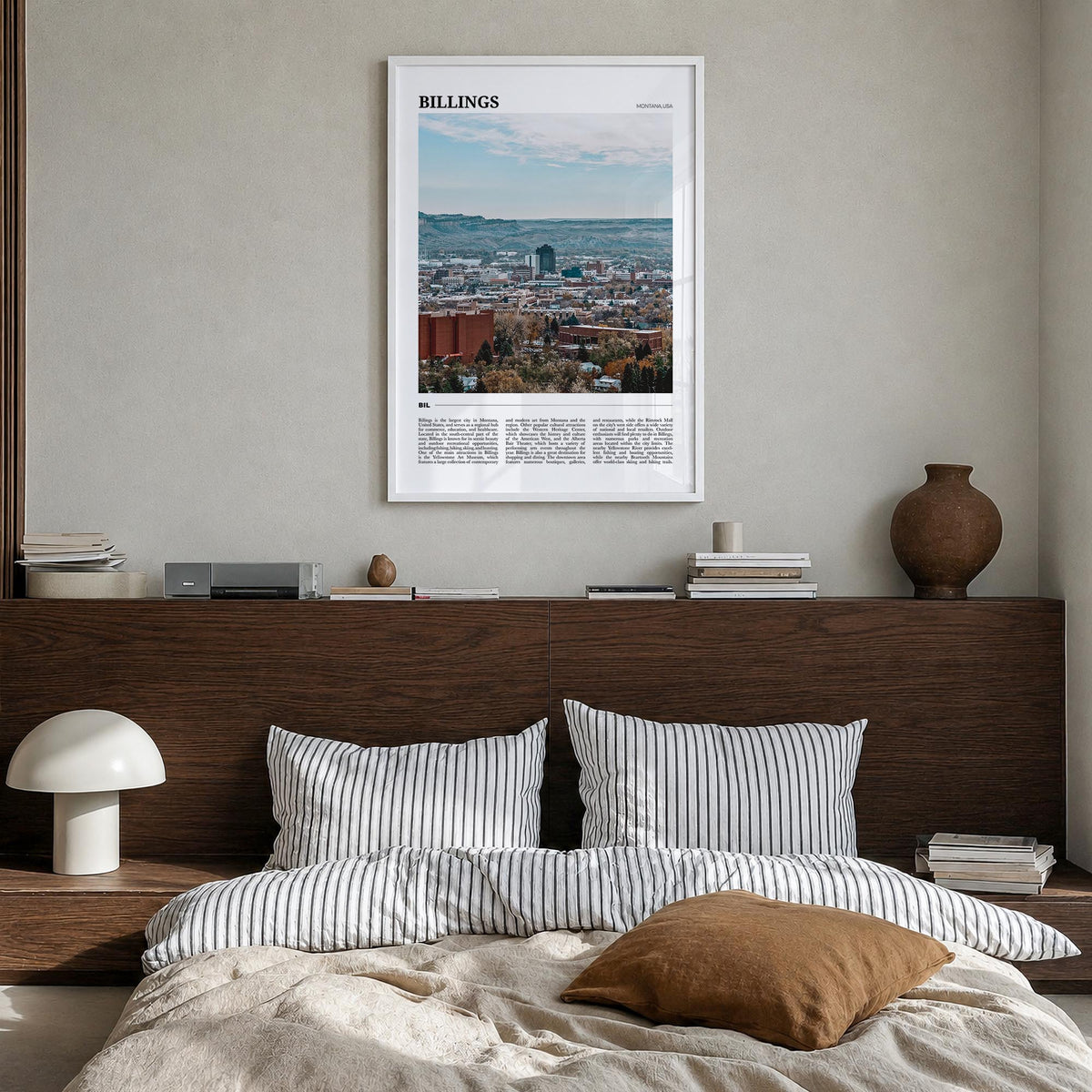 Billings colorful travel poster of Montana, USA – vertical wall art in white wood frame, hanging on wall