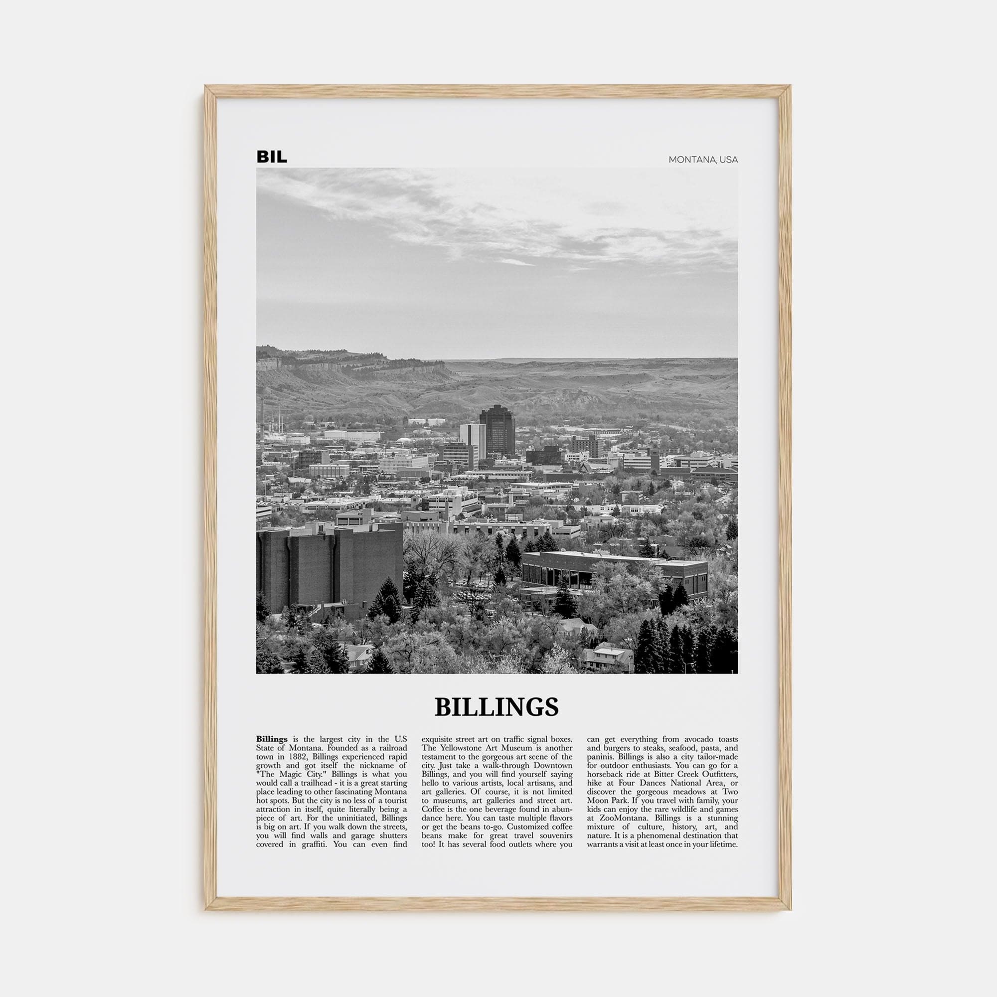 Billings Poster Natural Wood / 8x12 in Nbourhood Travel B&W Poster