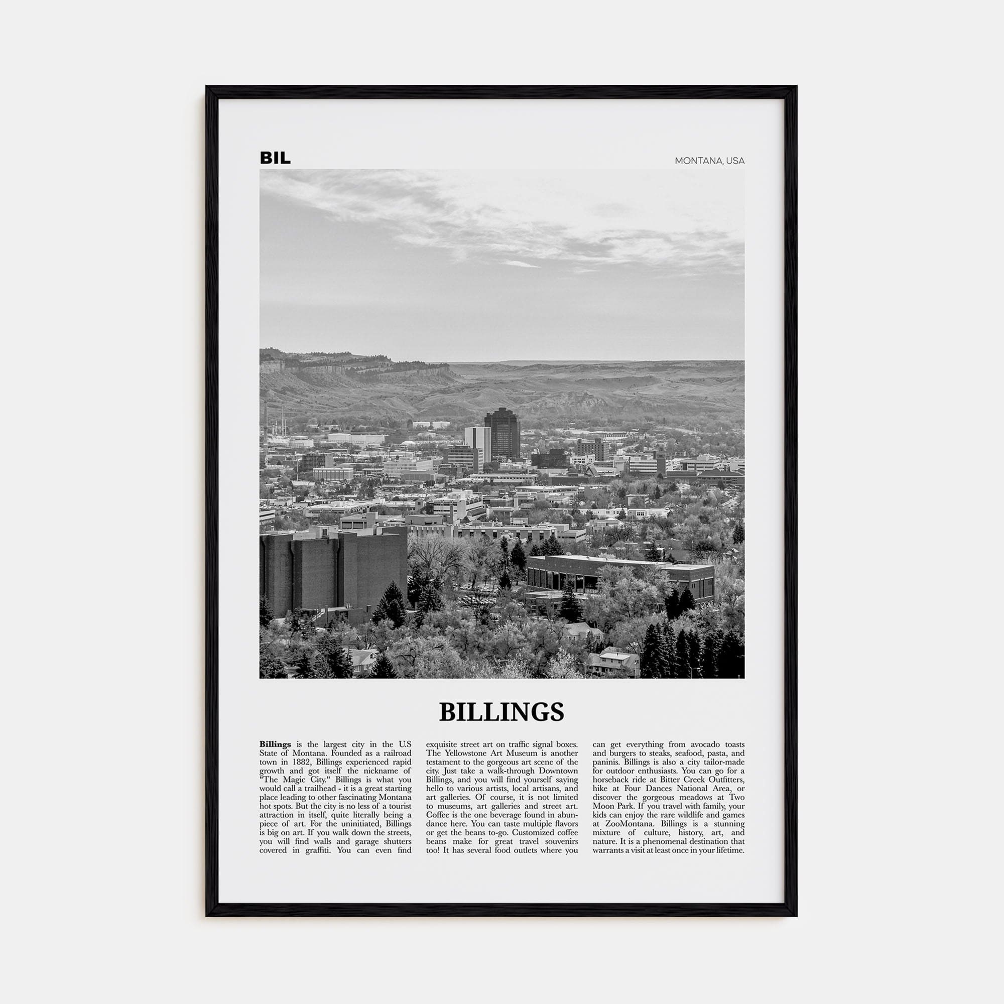 Billings Poster Black Wood / 8x12 in Nbourhood Travel B&W Poster