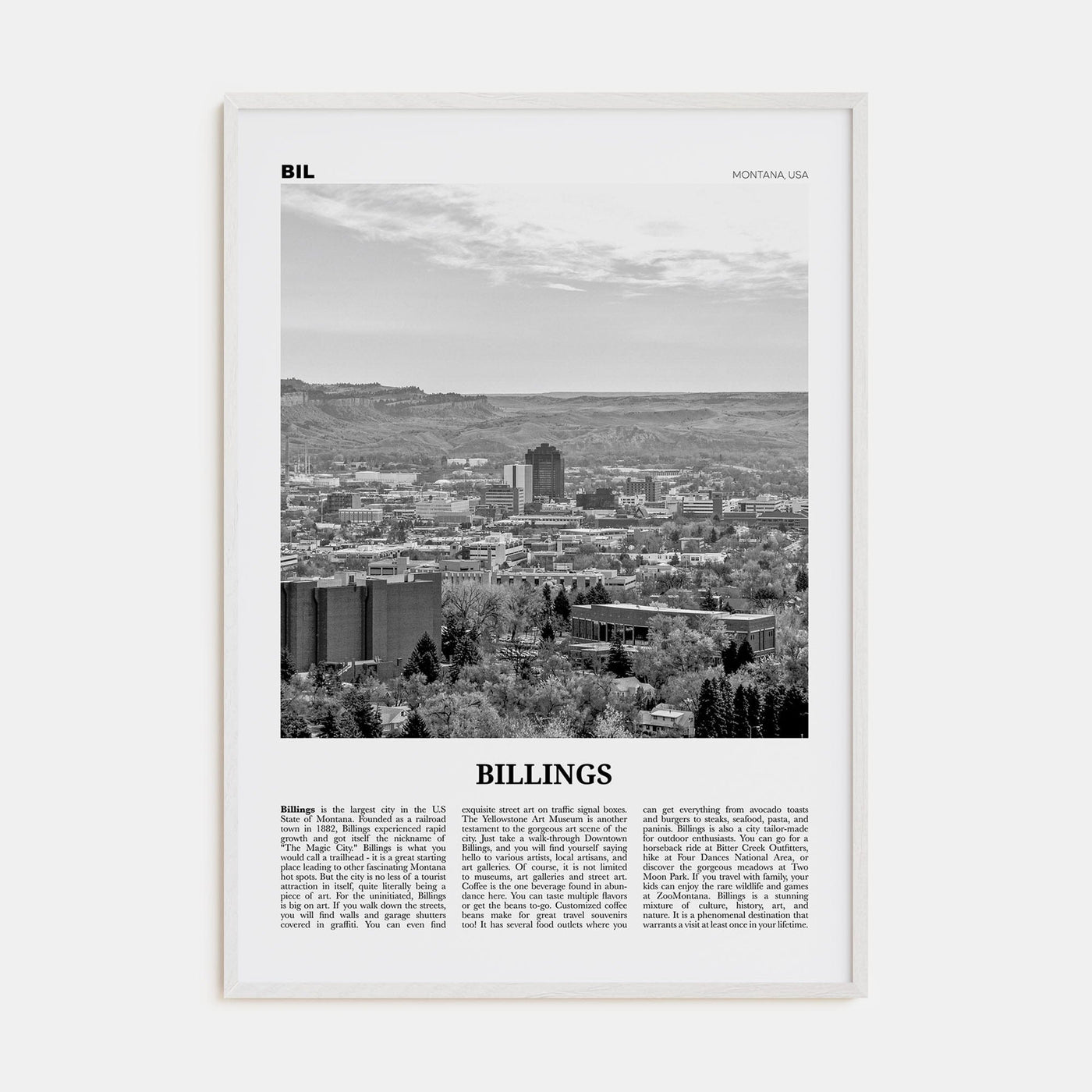 Billings Poster White Wood / 8x12 in Nbourhood Travel B&W Poster