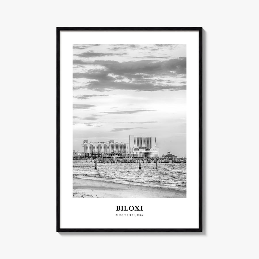 Biloxi black & white classic poster of Mississippi, USA – vertical wall art, unframed print shown in interior mockup