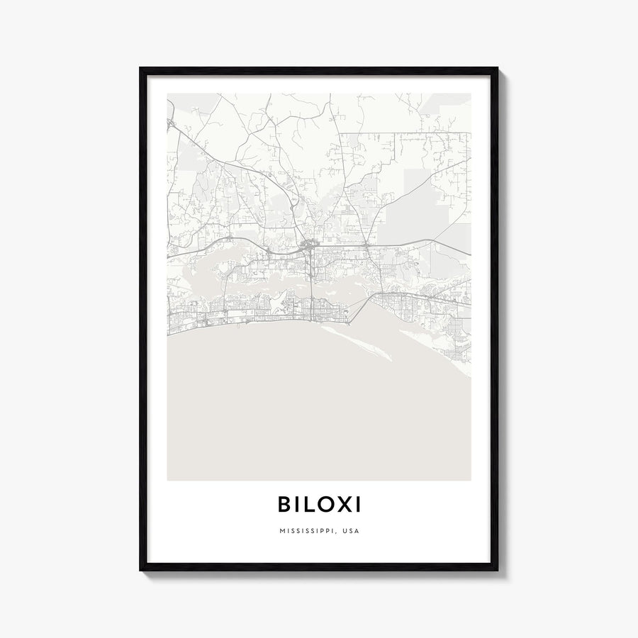 Biloxi black & white map poster of Mississippi, USA – vertical wall art, unframed print shown in interior mockup