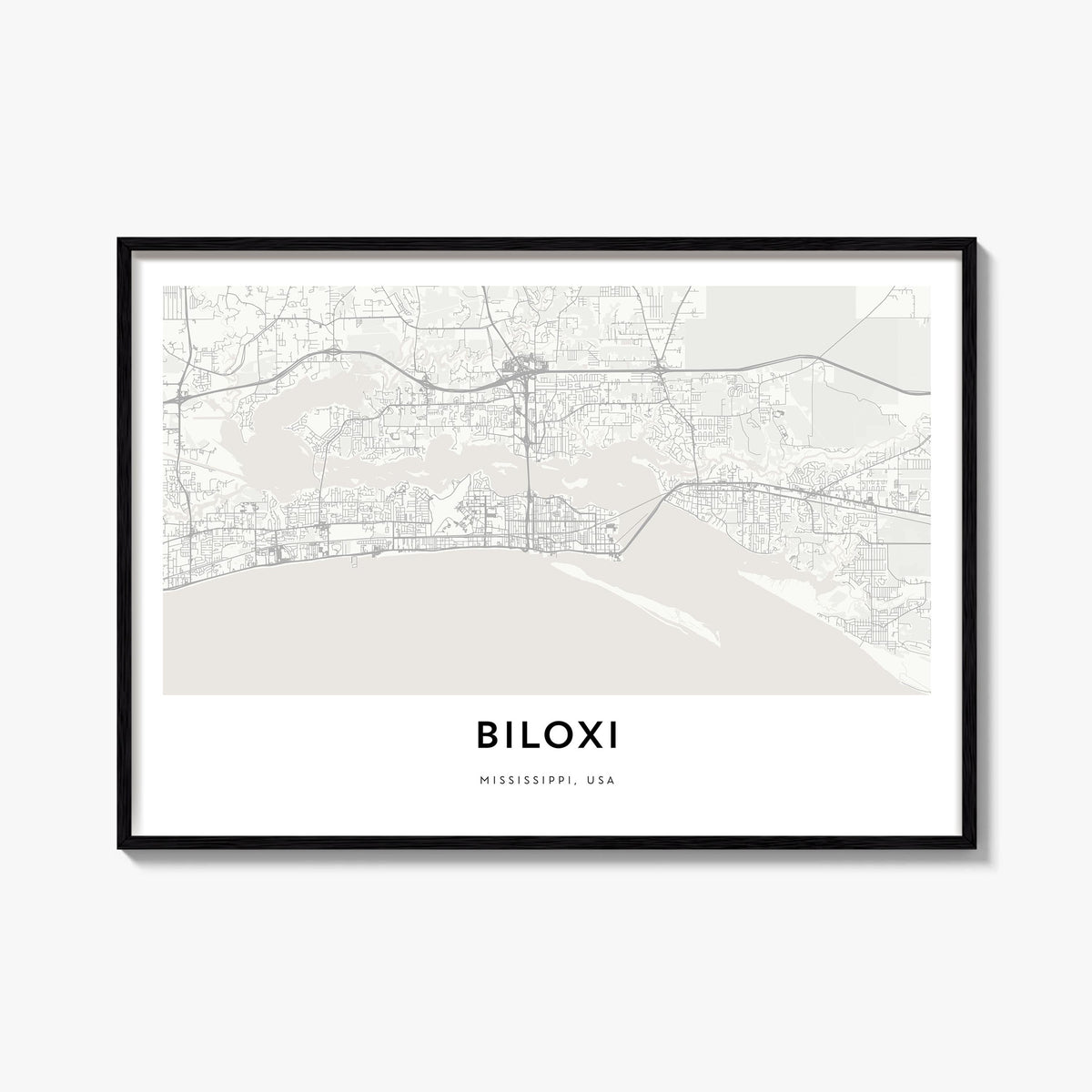 Biloxi black & white map poster of Mississippi, USA – horizontal wall art, unframed print shown in interior mockup