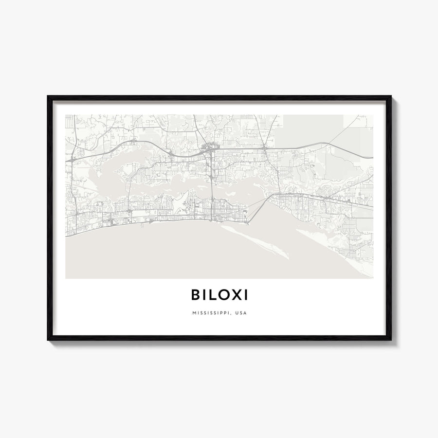 Biloxi black & white map poster of Mississippi, USA – horizontal wall art, unframed print shown in interior mockup