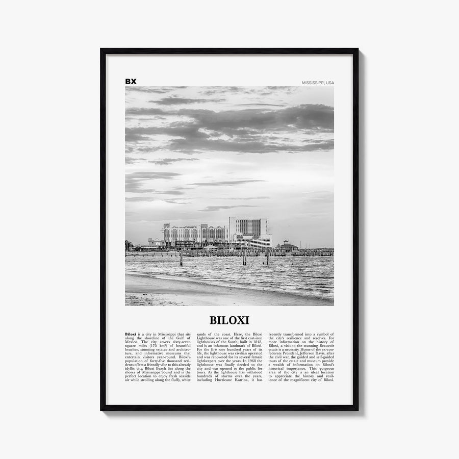 Biloxi black & white newspaper poster of Mississippi, USA – vertical wall art, unframed print shown in interior mockup