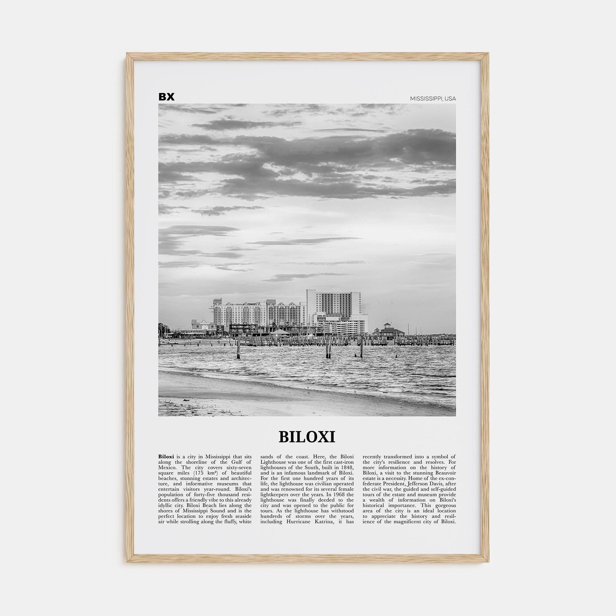 Biloxi Poster Natural Wood / 8x12 in Nbourhood Travel B&W Poster