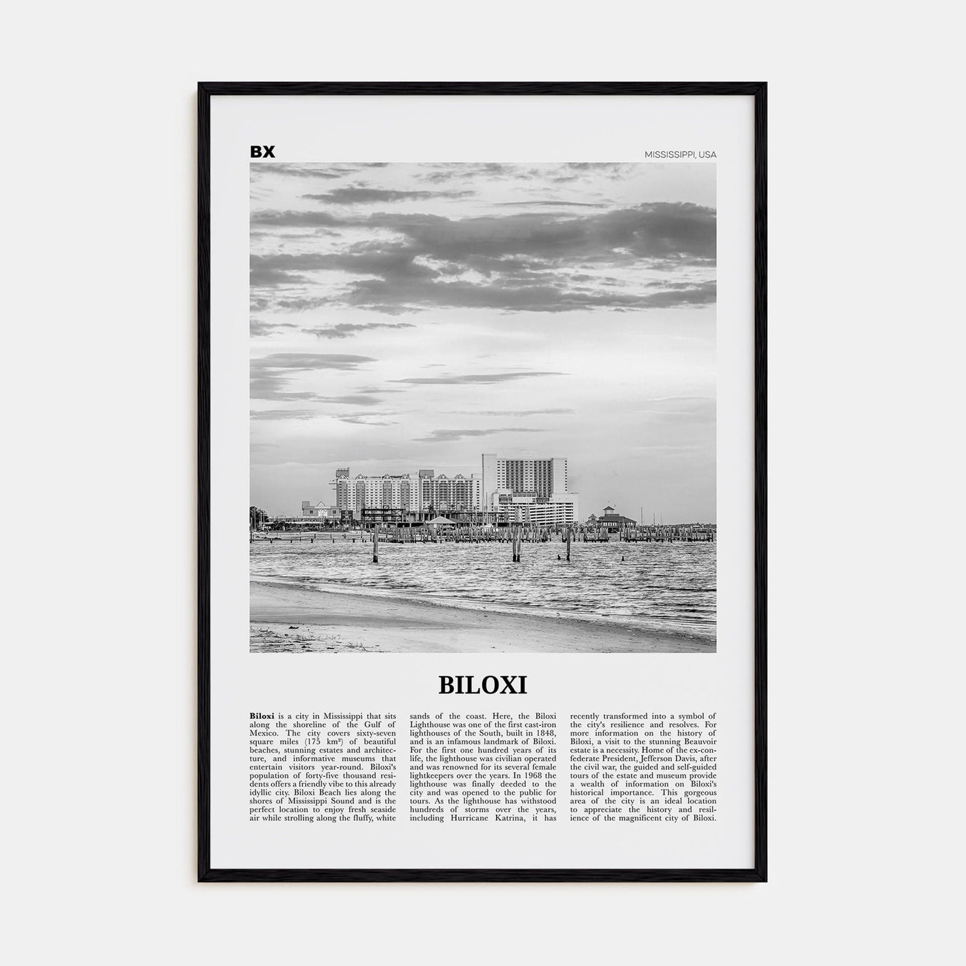 Biloxi Poster Black Wood / 8x12 in Nbourhood Travel B&W Poster