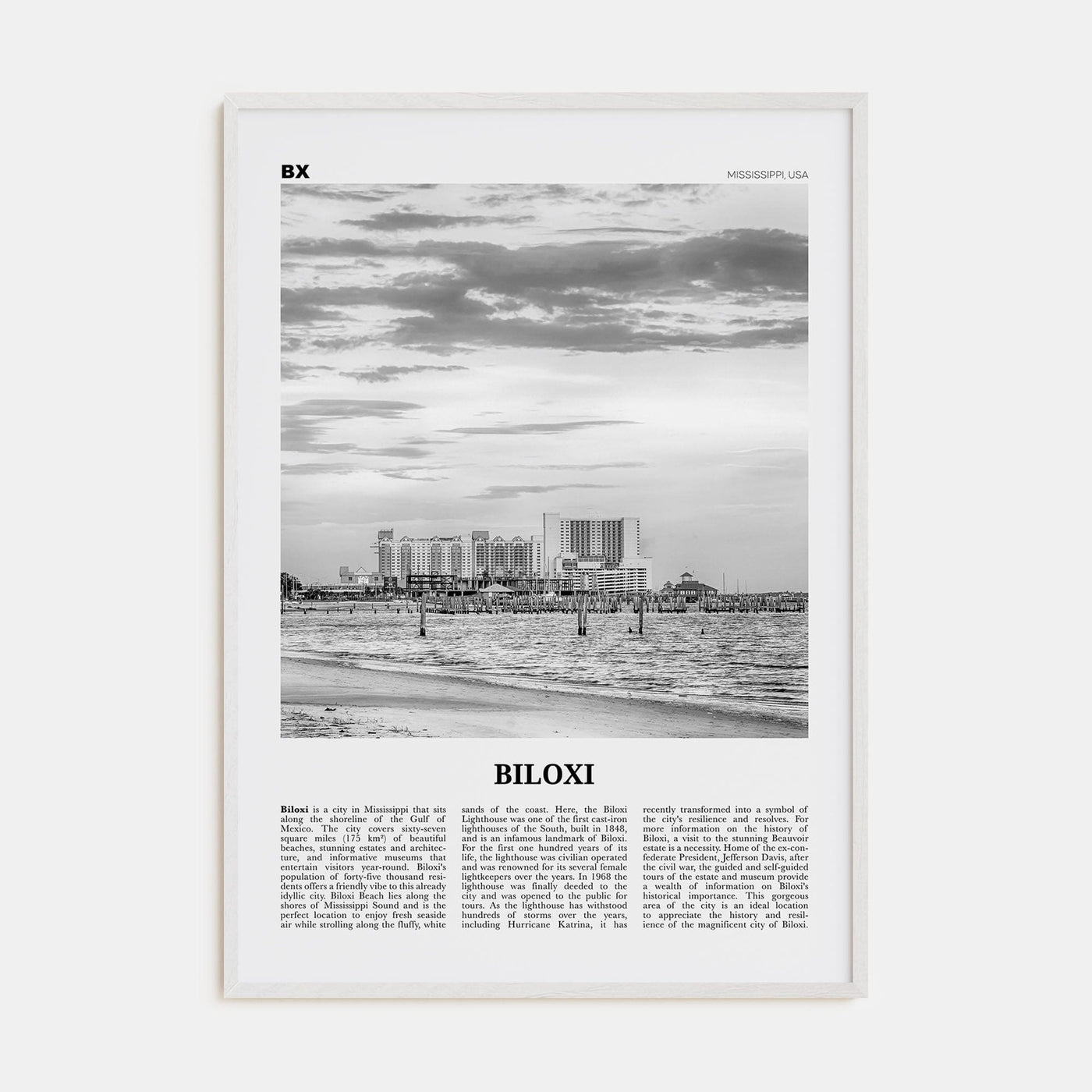 Biloxi Poster White Wood / 8x12 in Nbourhood Travel B&W Poster