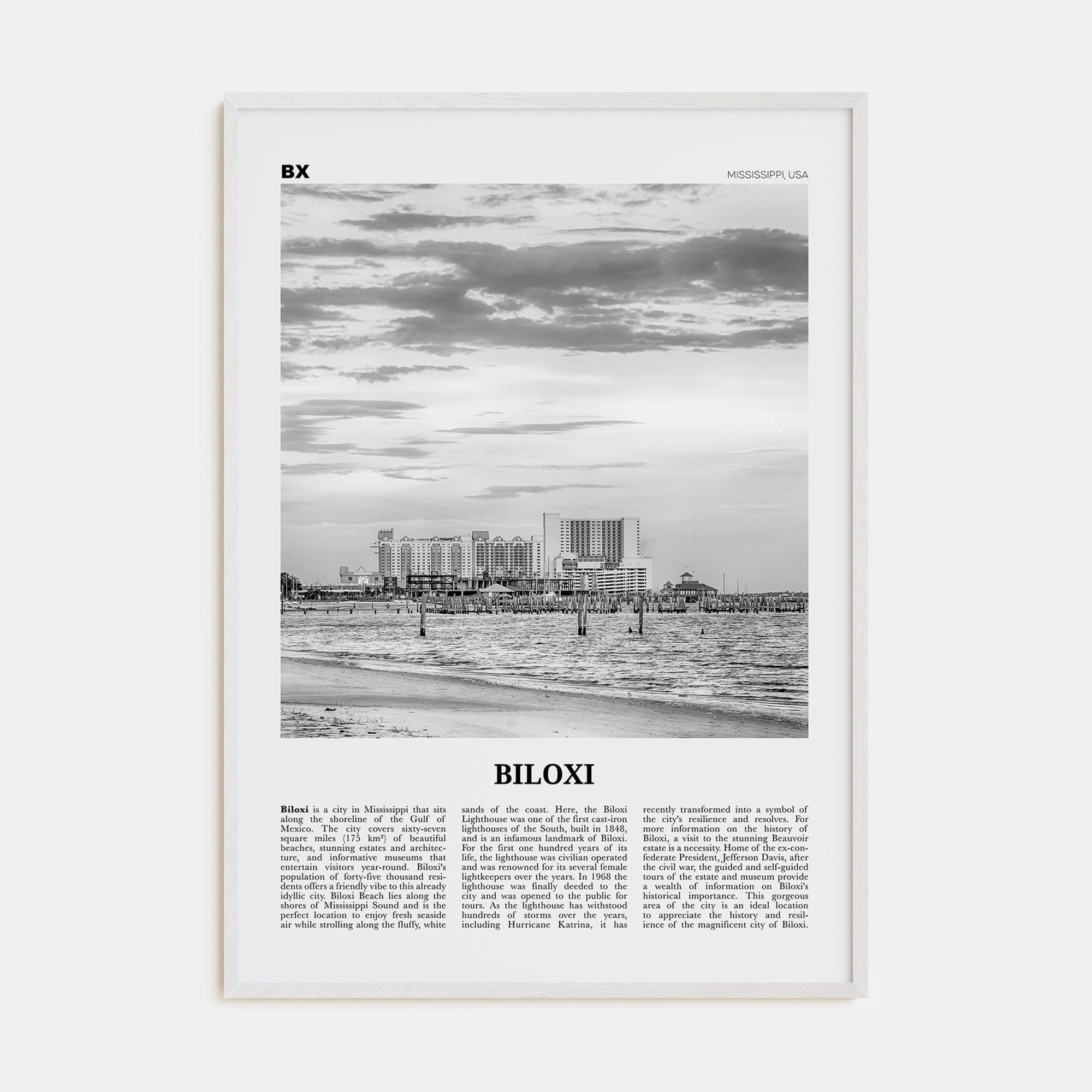 Biloxi Poster White Wood / 8x12 in Nbourhood Travel B&W Poster