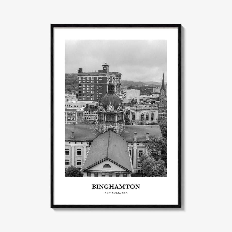 Binghamton black & white classic poster of New York, USA – vertical wall art, unframed print shown in interior mockup