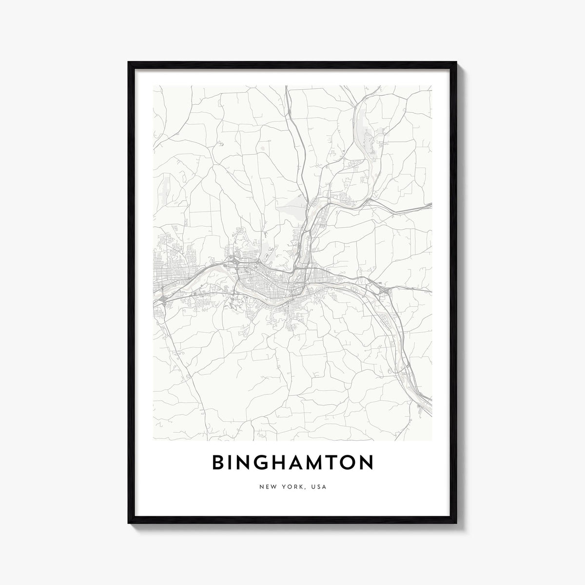 Binghamton black & white map poster of New York, USA – vertical wall art, unframed print shown in interior mockup